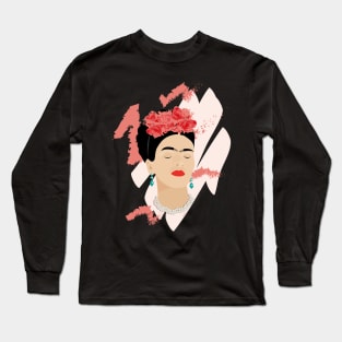 Frida Kahlo modern portrait famous mexican painter red roses headpiece decoration Long Sleeve T-Shirt